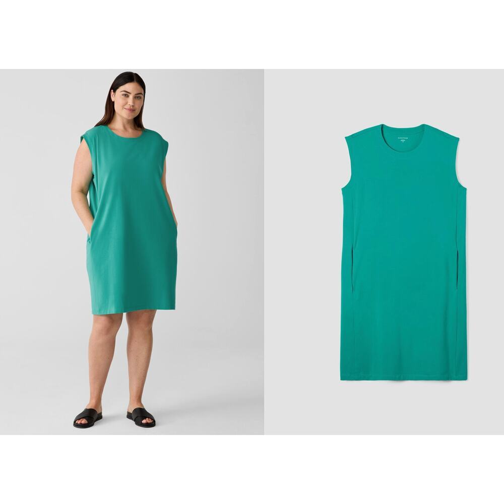 New with Tags Eileen Fisher Pima Cotton Stretch Dress Green Teal 1X Knee Length - Picture 2 of 13